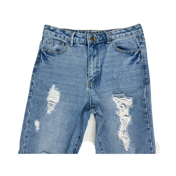 Fashion Nova High Rise Boyfriend Jeans Distressed Frayed Hem Light Wash Size 9 - Picture 4 of 11